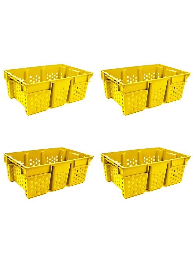 4pcs of Plastic Storage Date Crate Box 580×380×220 mm 49L Stackable Heavy Duty Reinforced Walls Anti-Slip Base for Home Industrial Commercial Delivery – Yellow